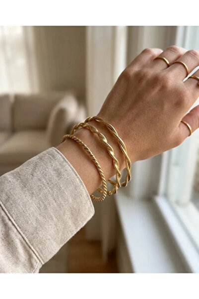 Tarnish Steel Gold Color Auger Model 3-Piece Steel Bracelet Set - 6.5 cm