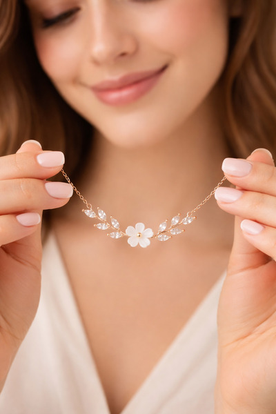 Siset Gümüş 925 Ayar Rose Kaplama Manolya Çiçekli Yaprak Model Gümüş Kolye