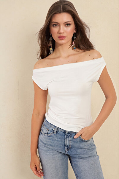 NEW JOURNAL Γυναικεία λευκή μπλούζα με λαιμόκοψη καγιάκ APP1288