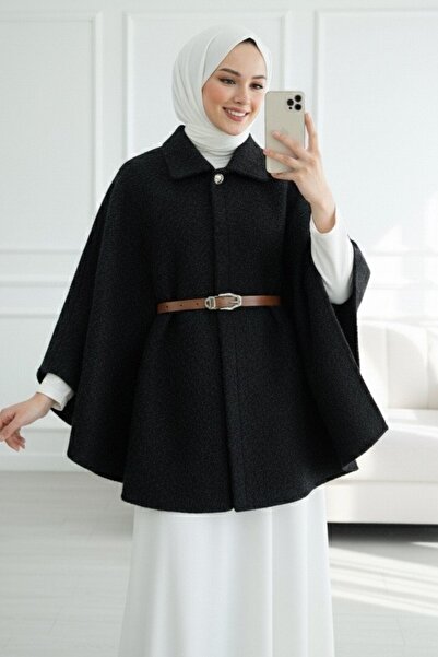 Modamorfo Πόντσο με ένα κουμπί και ζώνη στη μέση - μαύρο