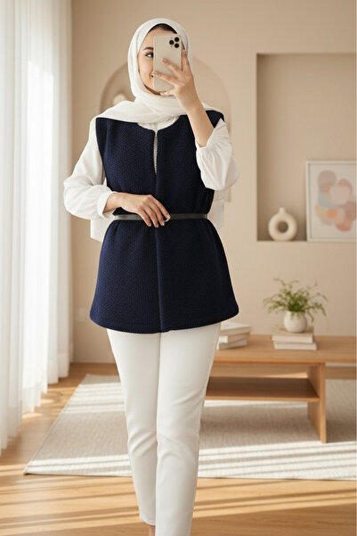 Modamorfo Γιλέκο βελούδινο με ζώνη στη μέση, διπλές τσέπες και επένδυση - μπλ...