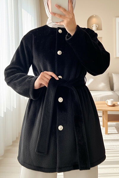 Modamorfo Buttoned Waist Tie Fur Jacket - Black