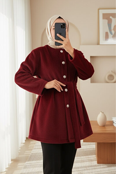 Modamorfo Buttoned Waist Tie Fur Jacket - Burgundy