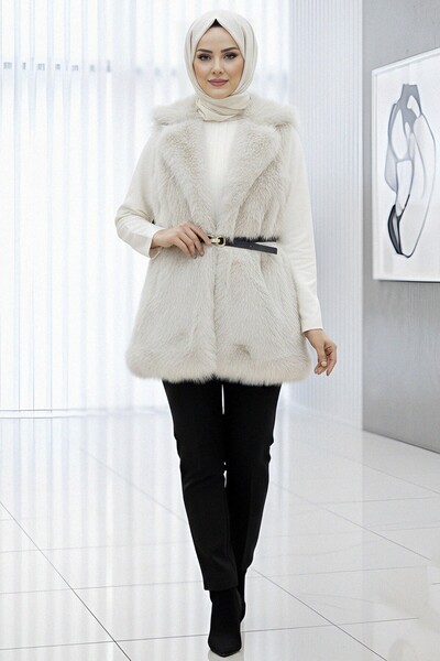 Modamorfo Γιλέκο με ζώνη και κουμπιά, με επένδυση από γούνα - κρεμ