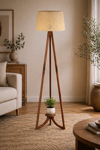 ANGDESİGN VENÜS Ahşap Lambader •Ceviz Ahşap Gövde• Krem Hasır Başlık •• Saksı...