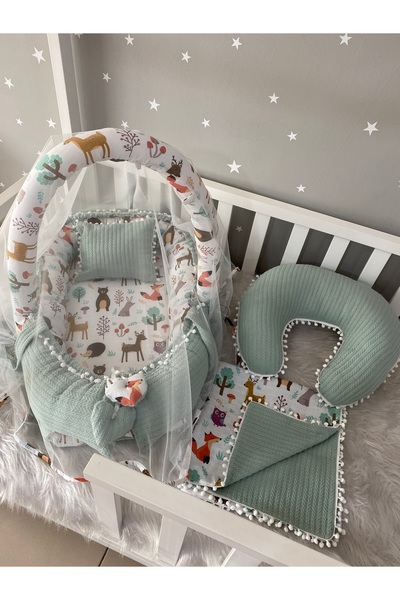 Jaju Baby Babynest Yeşil Örgü Pike Ve Orman Desen Ponponlu 6 Parça Jaju-babyn...