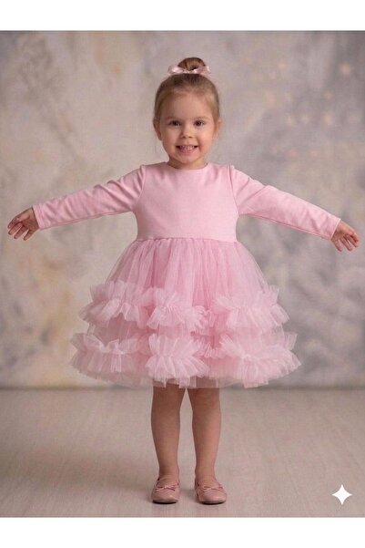 penu baby kids Ροζ ζέρσεϊ φόρεμα με βολάν στο τελείωμα για κορίτσια/μωρά
