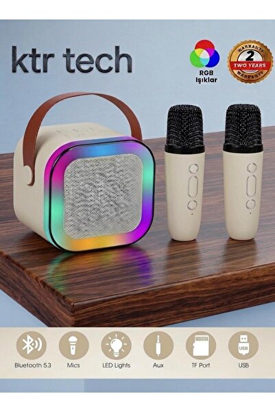 KTR TECH Karaoke Bluetooth Hoparlör Kablosuz Çift Mikrofonlu Rgb Led Işıklı 5...