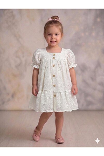 penu baby kids Βρεφικό φόρεμα για κορίτσια με κοντό μανίκι με κουμπιά εκρού