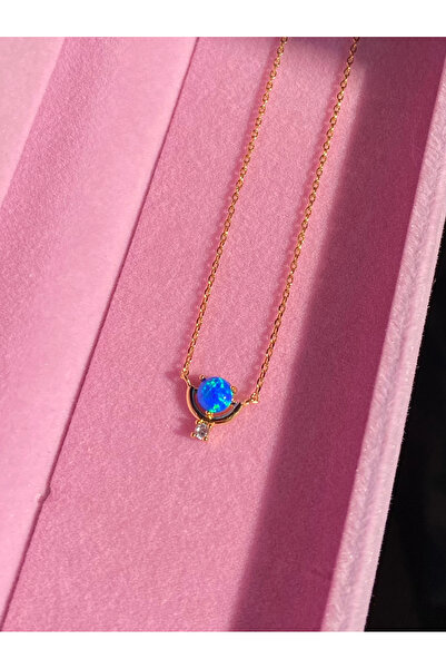 h&b design jewel Çelik Minimal Mavi Opal Taşlı Kolye