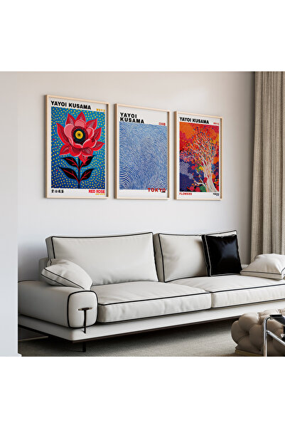 Artiera Σετ ζωγραφικής 3 τεμαχίων Kusama Red Rose Japandi Art με ξύλινο πλαίσιο