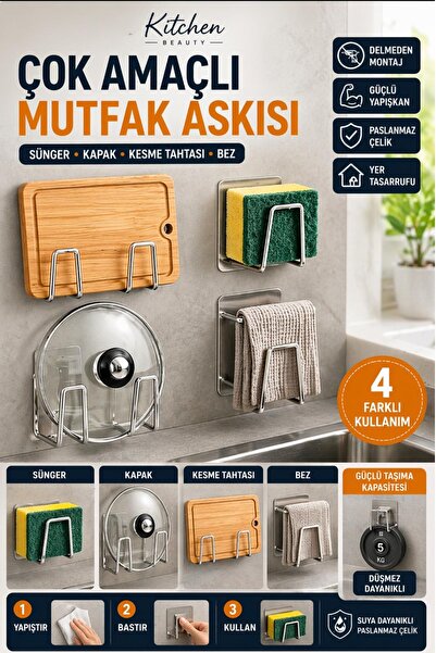 Kitchen Beauty Bulaşık Süngeri Tutucu Yapışkanlı Paslanmaz Askılık Çift Taraflı Yapışkanlı