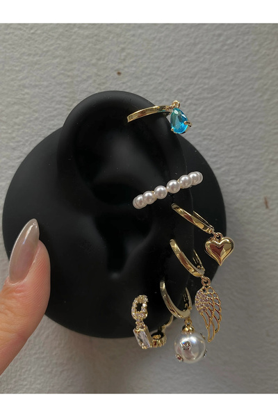 h&b design jewel İncili Melek Kanadı Detaylı 6'lı Küpe Seti