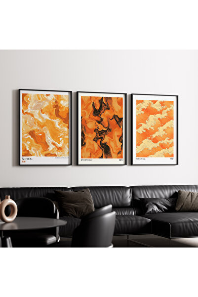 Artiera Σετ ζωγραφικής 3 τεμαχίων Orange Fire Waves Japandi Art με ξύλινο πλα...