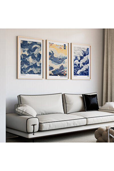 Artiera Σετ ζωγραφικής 3 τεμαχίων Blue Waves Japandi Art με ξύλινο πλαίσιο