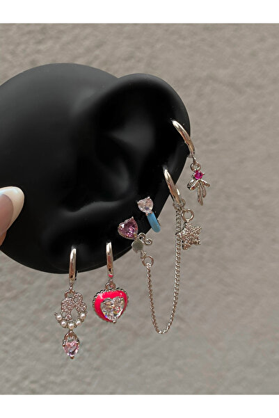 h&b design jewel Çelik Pembe Kalp Detaylı 6 Lı Küpe Seti