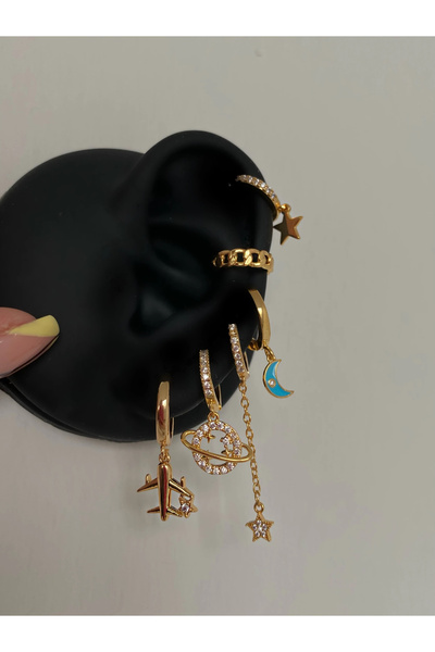 h&b design jewel Steel Gold Airplane Detailed Set of 6 Earrings