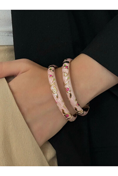 h&b design jewel Pembe Kuş Detay Mineli Kelepçe Bileklik
