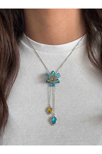 h&b design jewel Steel Silver Blue Flower Necklace