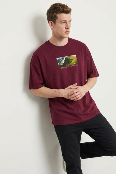 COMBİNE MİCHAİL Ανδρικό μπλουζάκι με στάμπα Landscape Oversize Claret Red
