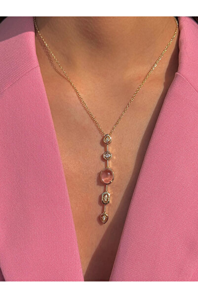 h&b design jewel Çelik Pembe Taşlı Y Kolye
