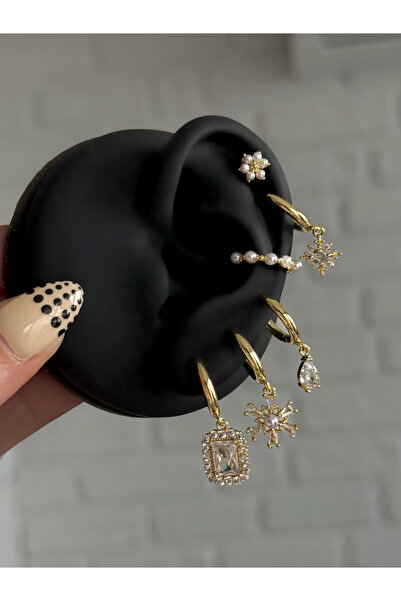 h&b design jewel Çelik Gold Baget Taşlı 6 Lı Küpe Seti