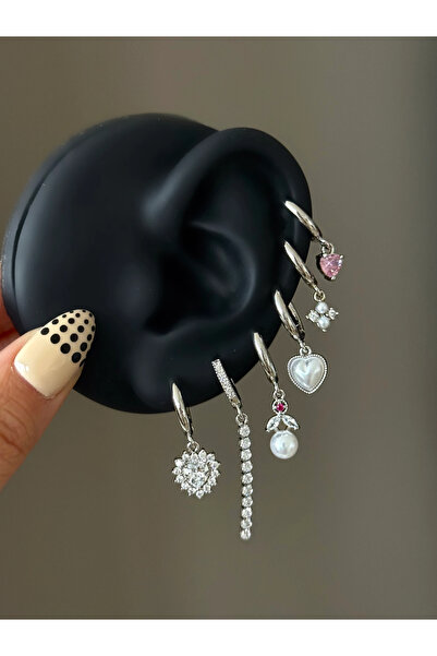 h&b design jewel طقم أقراط من الفولاذ الفضي والوردي مكون من 6 قطع