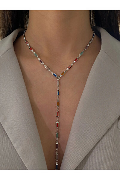 h&b design jewel Çelik Renkli Baget Taşlı Y Kolye