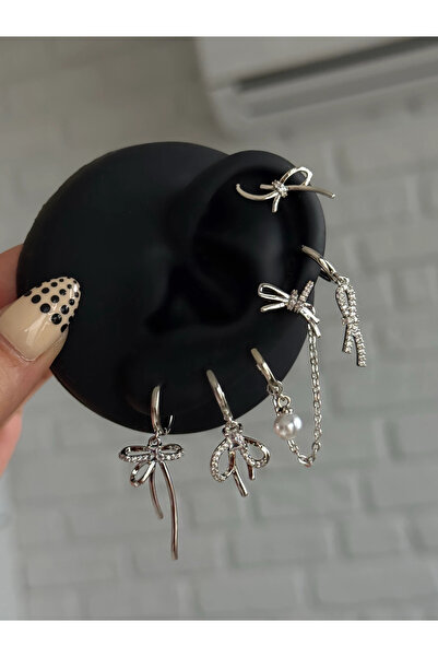 h&b design jewel Çelik Silver Kurdela 6 Lı Küpe Seti