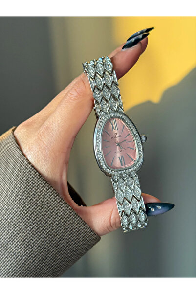 h&b design jewel ساعة يد فضية اللون مع قرص وردي ومرصعة بالأحجار