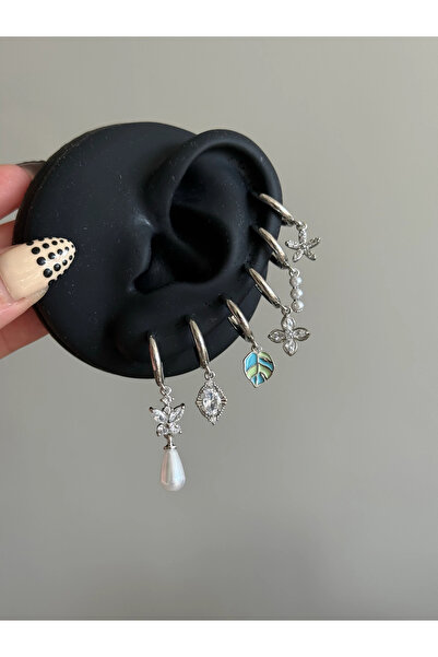 h&b design jewel Çelik Silver İncili Kelebekli 6 Lı Küpe Seti