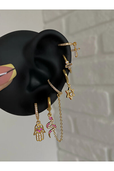 h&b design jewel Çelik Gold Pemde Yılan Detay 6 Lı Küpe Seti