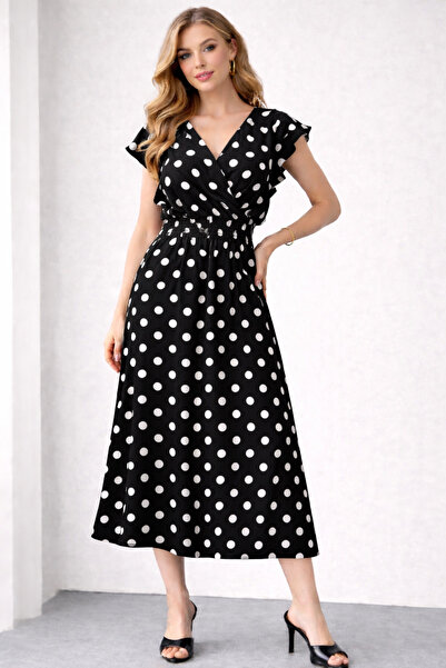 İLKCET MODA Μαύρο γυναικείο μακρύ φόρεμα από ύφασμα Bürümcük με πουά