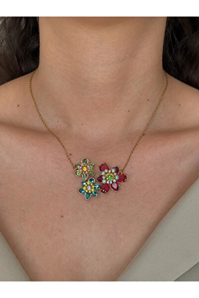 h&b design jewel Çelik Gold 3 Çiçekli Kolye