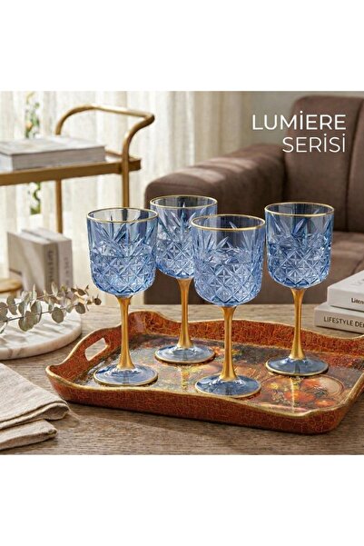 HUBART Lumiere Mavi Kristal Desenli Gold Ayaklı 6’lı Kadeh Vintage Esintili K...