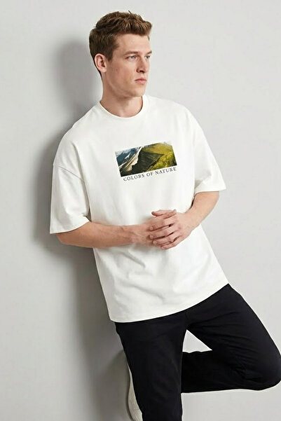 COMBİNE MİCHAİL Ανδρικό μπλουζάκι Oversize Ecru με στάμπα Landscape