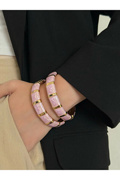 h&b design jewel Pembe Mineli Kalın Kelepçe Bileklik