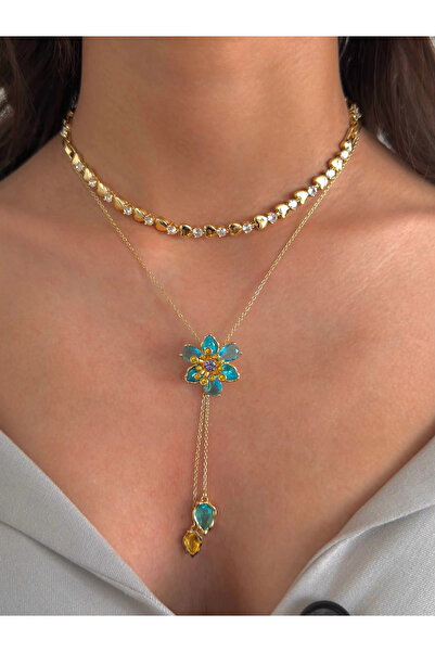 h&b design jewel Çelik Mavi Çiçek Kolye