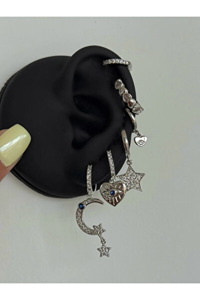h&b design jewel طقم أقراط من الفولاذ الفضي على شكل هلال مكون من 6 قطع