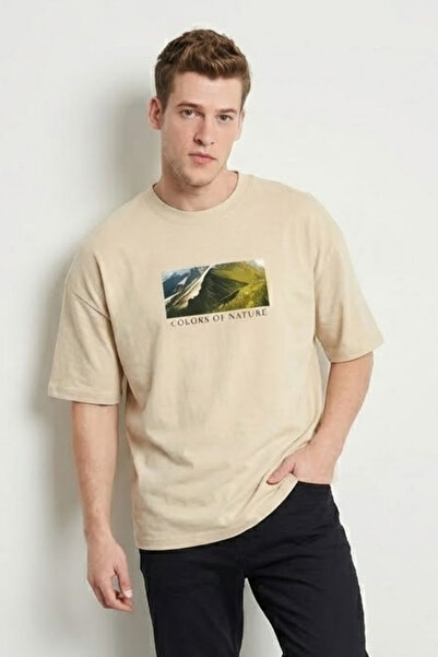 COMBİNE MİCHAİL Ανδρικό μπλουζάκι με στάμπα Landscape Oversize Cream