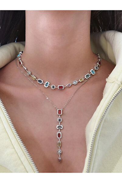 h&b design jewel Çelik Silver Renkli Baget Taşlı Kolye