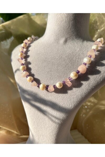 Doğaltaş Masalları Pearl-Pink Quartz-Amethyst Necklace