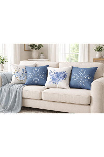 MODA 4-Piece Blue Floral Modern Throw Pillow Cover - Pillow Case Digital Prin...