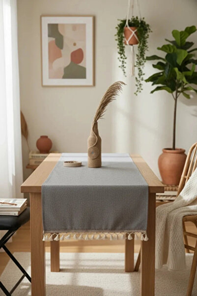 NDC HOME Λινό Γκρι Ανθρακί Ριγέ Pompom Runner 150 X 45