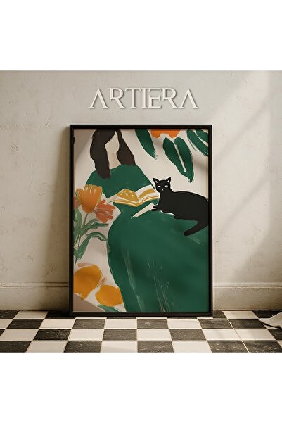 HİGUERA Αφηρημένο γυναικείο πορτρέτο που διαβάζει βιβλίο με γάτα στο σαλόνι Ζ...