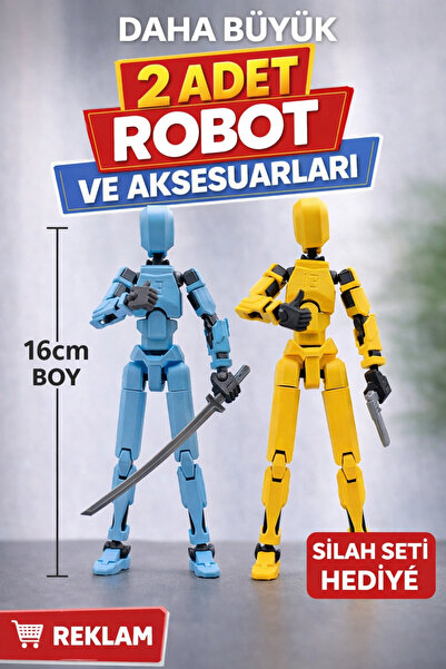 3D Büyük Boy(16 cm) 2 Adet Eklemli Hareketli Robot ve Aksesuarları PETG Baskı