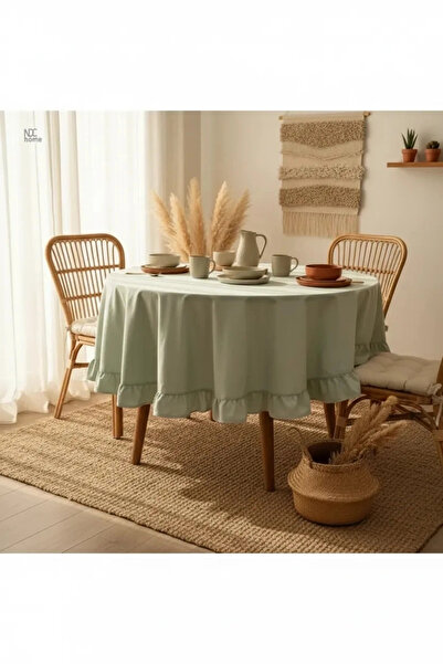 NDC HOME Premium Linen Green Sage - Στρογγυλό τραπεζομάντιλο με βολάν