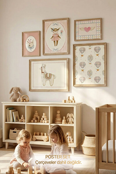 Kids Vintage Pembe ve Bej Tonlarında Kız Bebek Odası Duvar Sanatı ÇerçevesizP...