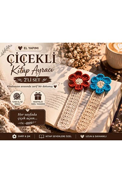 atamergrup El Yapımı Örgü Çiçekli Kitap Ayracı 2’li Set Hediyelik Estetik Boo...