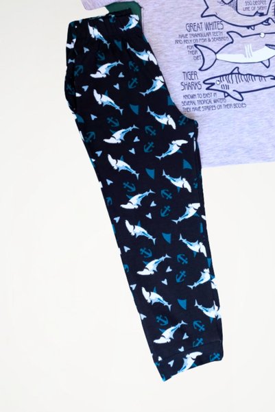 Newteam OEKO-TEX® %100 Pamuk Köpekbalıkları Uzun Kolu Pantolonlu Pijama Takımı